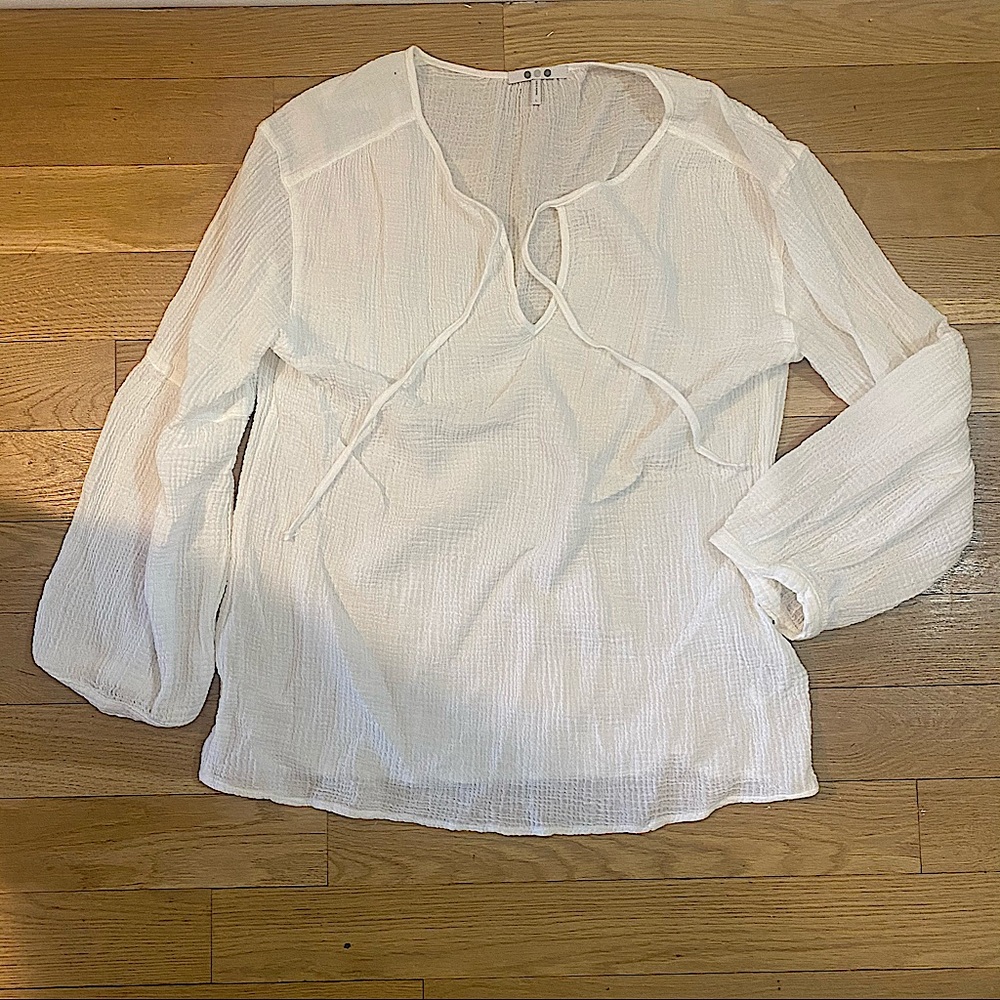 Three Dots White Cotton Peasant Blouse, Size L